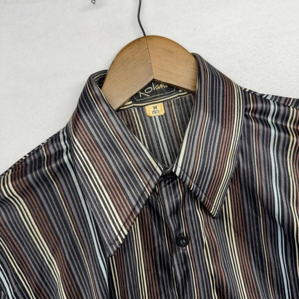 Vintage Disco Shirt Mens Medium Brown Vertical Striped Rockabilly Knit 70s 80s